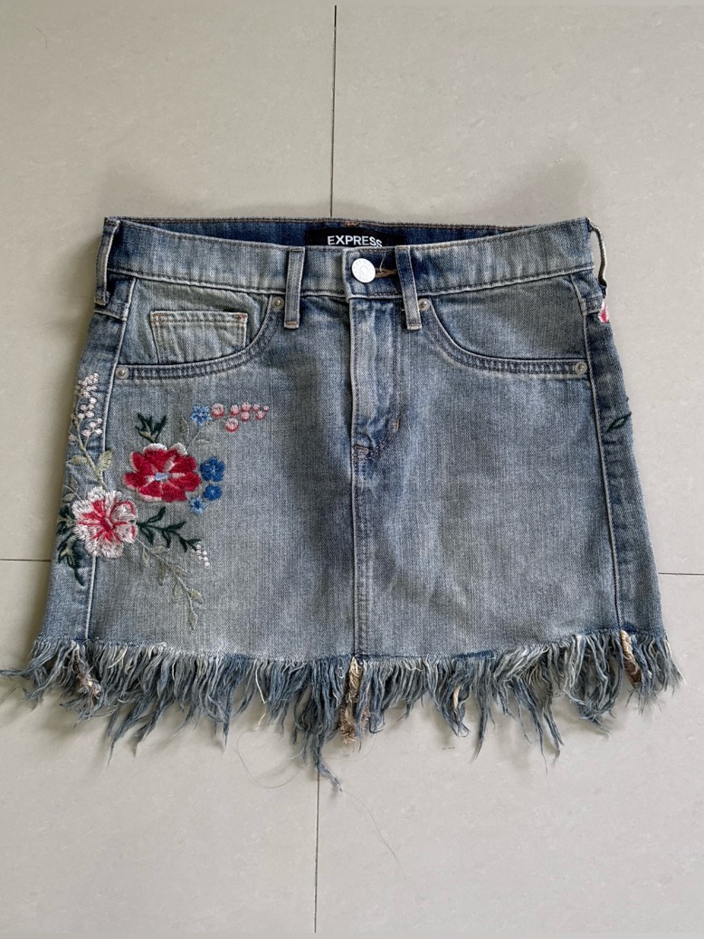 Express Light Blue Floral Embroidered Fringe Denim Skirt